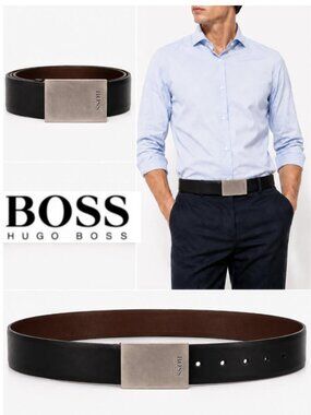 BOSS Hugo Boss Black Leather Belt with Silver Buckle Size 34 Made in Germany